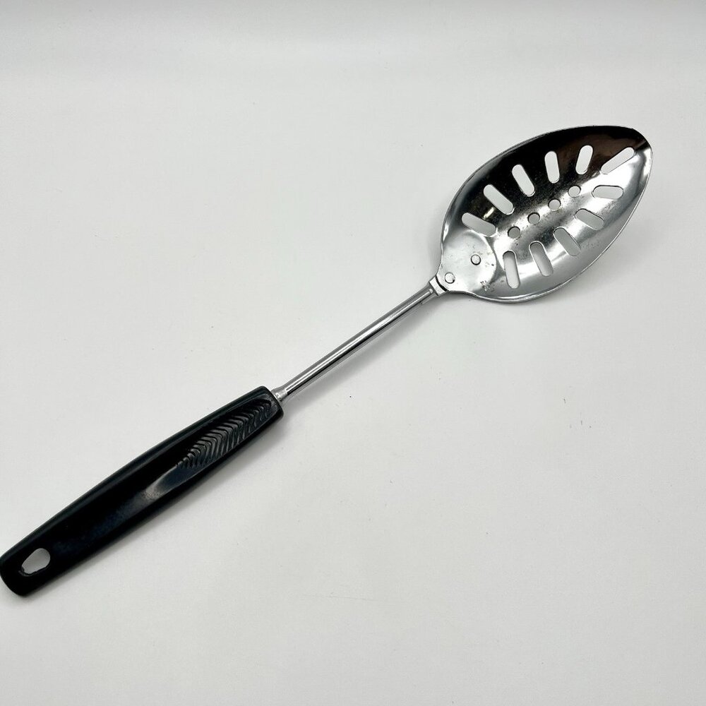 Vintage Foley Stainless Steel Slotted Serving Spoon Black Handle Mid Century